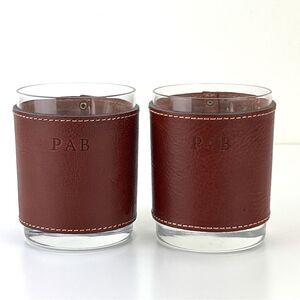 CLAYTON & CRUME Leather Rocks Glass Set Of 2 Western Barware 3 Letter Monogram